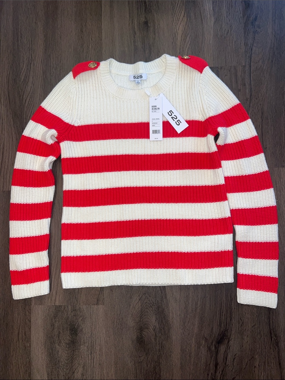 NWT 525 America Red and Cream Striped Crewneck Sweater with Shoulder Buttons